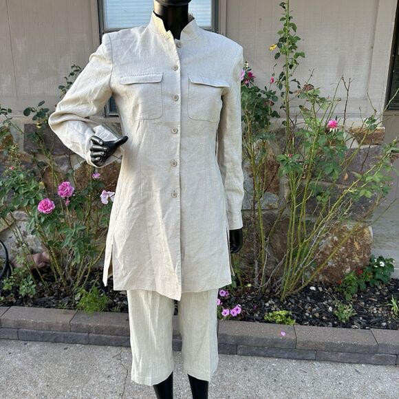 Liz Claiborne Linen 2 Piece Set Womens Size 8 Tunic Size 6 Petite Pants Beige - Picture 1 of 16